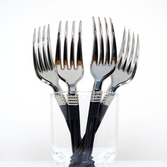 Forks together on glass bowl closeup view 