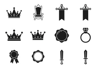 Collection of various black and white royal and ceremonial icons and symbols.