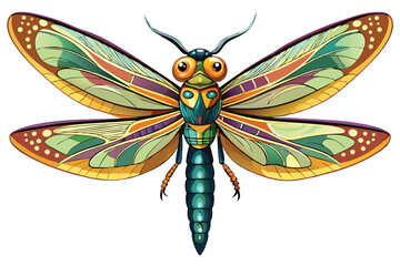 Stylized Insect Illustration A Colorful Dragonfly with Intricate Wing Patterns and a Detailed Body Design Against a White Backdrop