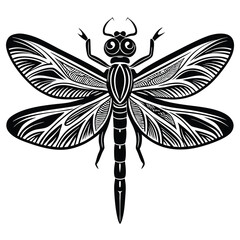 Monochromatic Dragonfly Illustration with Intricate Wing Patterns and Detailed Body Structure, a Striking Example of Insect Art