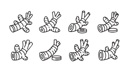 Collection of ginger root illustrations in a simple black and white silhouette style
