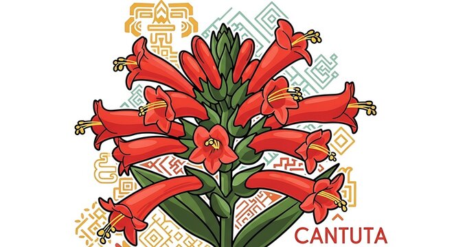 Vibrant Cantuta Flower Illustration with Traditional Andean Patterns.