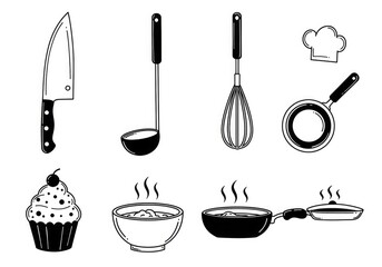 Black and white kitchen utensils and food illustrations.