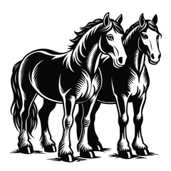Majestic Duo Monochrome Illustration of Two Powerful Draft Horses Standing Side by Side in Striking Contrast and Detailed Linework
