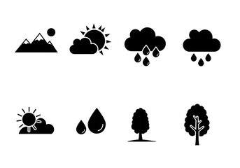 A collection of black silhouette icons representing various weather conditions and nature elements like mountains, sun, clouds, rain, and trees.