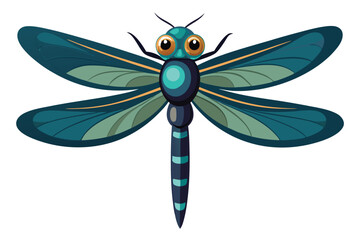 Stylized Dragonfly Illustration with Teal Wings and Orange Accents Against a White Background Displaying Intricate Wing Patterns and Round Eyes
