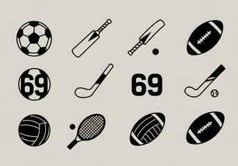 A collection of stylized black and white icons representing various sports equipment and symbols.