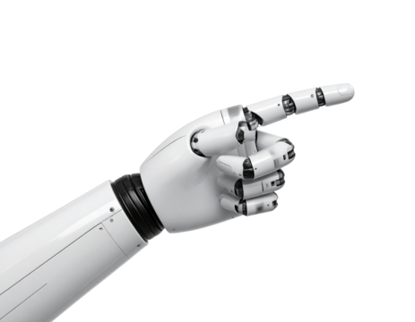 Close-up of a white robotic arm and hand pointing