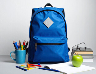 Illustration of a school backpack with various school supplies such as notebooks, pencils, ruler, and scissors, colorful and playful design suitable for back-to-school themes and educational materials