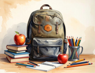 Illustration of a school backpack with various school supplies such as notebooks, pencils, ruler, and scissors, colorful and playful design suitable for back-to-school themes and educational materials