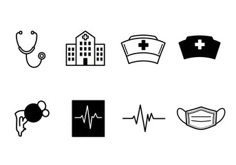 A collection of eight black and white icons representing medical and healthcare symbols.