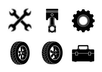 Black silhouettes of various mechanical and automotive tools and parts, including wrenches, a piston, a gear, tires, and a toolbox, on a white background.