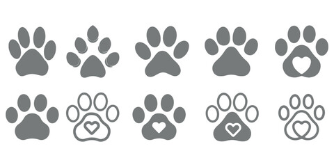 Fototapeta premium Pet paw icon set. Heart with dog, cat pet footprint. Paw print sign and symbol. Transparent png and vector illustration.