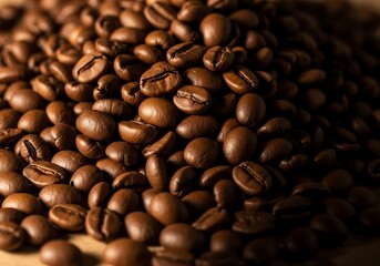 Naklejka premium Roasted coffee bean pile offering rich aroma and caffeine boost