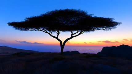Naklejka premium Silhouette Tree At Colorful Sunset Landscape