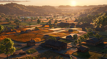 Aerial View Of A Picturesque Autumn Village Sunset