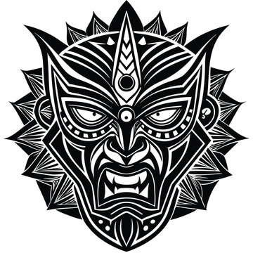 Monochrome tribal mask illustration with geometric patterns and bold lines