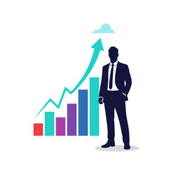 Silhouette of businessman standing next to a growing bar chart