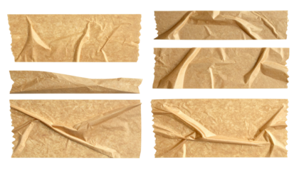 Close-up view of six sections of crumpled, light brown craft paper.  The paper exhibits various degrees of crinkling and creases, suggesting it was wrapped or folded. 