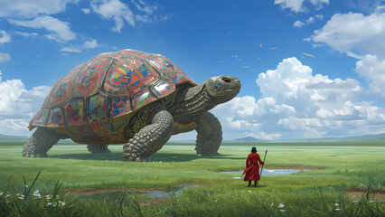 Fantasy landscape with giant turtle colorful shell and robed figure in grassy field