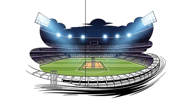 Vibrant Cricket Stadium Illustration with Floodlights and Green Field.