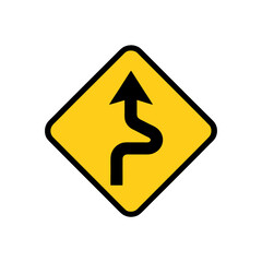 Yellow road sign with winding road ahead on transparent background