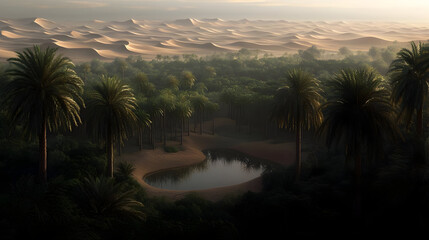 Desert Oasis With Palm Trees And Pond Sunrise View
