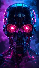 A Sinister Cybernetic Skull Glowing With Neon Light