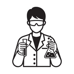 Monochrome vector icon of a male scientist in a lab coat and goggles conducting a chemical experiment, a concept for research and development