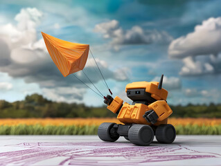 Orange Robot Flying Kite in Field