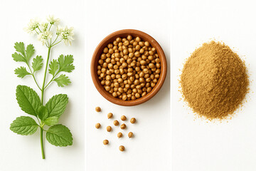 Coriander Spice Progression: Fresh Herb, Whole Seeds, and Ground Powder Isolated on White