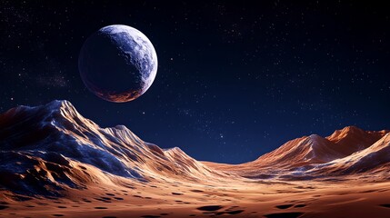 Dramatic futuristic alien landscape with rugged mountains and craters under a starry night sky featuring a large planet or exoplanet in the distance