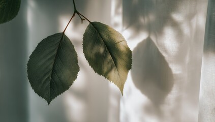 Two leaves hang against a sheer curtain, backlit by sunlight casting dramatic shadows on the fabric