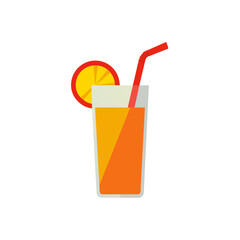 Orange juice with straw and lemon slice on transparent background
