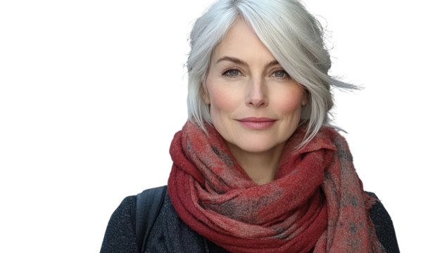 Elegant woman with short silver hair wearing a cozy red scarf, presenting a warm smile, reflecting confidence and beauty against a minimalistic background
