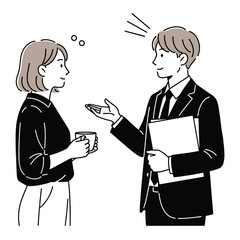 Simple line art illustration of a businessman in a suit explaining a project to a female colleague during a coffee break