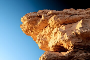 Towering weathered rock formation with a rugged textured surface standing tall against a clear blue sky in a vast arid desert landscape