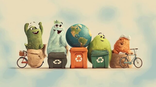 Cartoon animation of colorful recycling bins for waste segregation &ndash; eco-friendly educational clip for kids and sustainability projects