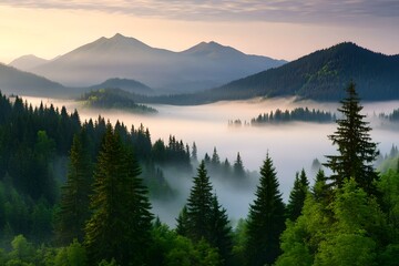 Breathtaking misty mountain landscape with lush pine forests shrouded in ethereal fog at a serene sunrise