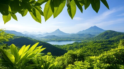 Breathtaking scenic view of a tranquil mountain landscape with a picturesque lake surrounded by a lush vibrant forest canopy