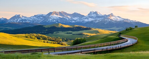 Breathtaking view of snow capped mountains and lush green meadows along a winding road inviting travelers on an adventure through the picturesque countryside