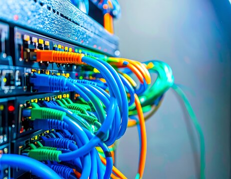 Colorful network cables connected to a server rack