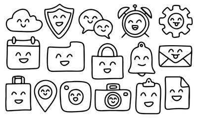 Cute Hand Drawn Smile Icon Set – Kawaii Doodle Cloud, Shield, Chat, Alarm, Gear, Calendar, Folder, Lock, Bell, Envelope, Camera, Document, Location, UI Symbols in Outline Style