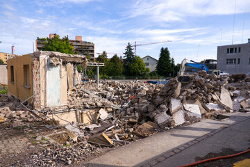 Heaps of debris of demolished apartment building at Swiss city of Z&uuml;rich on a sunny late summer day. Photo taken September 13th, 2025, Zurich Schwamendingen, Switzerland.