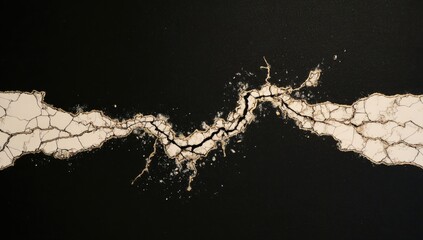 Fototapeta premium Abstract image of a cracked, light-colored substance against a dark background, resembling a fracture or fissure. The cracks are intricate and spread across the image
