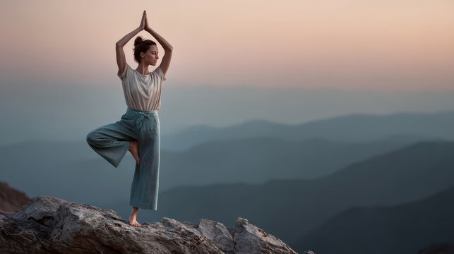 Serene yoga practitioner in tree pose on rocky landscape