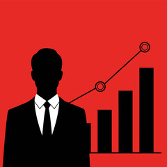 Silhouette of a businessman in a suit with a rising bar graph chart