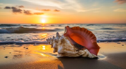 Seashell on sandy beach during sunset