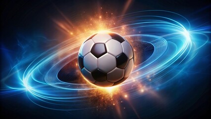 Naklejka premium A Futuristic Soccer Ball in a Dynamic Energy Field, Glowing with Vibrant Light Trails and Sparkling Dust