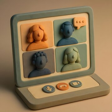 3D Clay Laptop Icon with Remote Team Video Conference Meeting